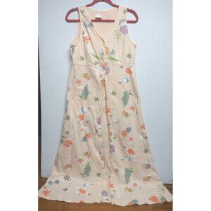 Stamp Maxi Dress Sz M Art-To-wear floral butterfly words button-up USA Resort